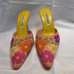 Manolo Blahnik Pink Suede Floral Mules